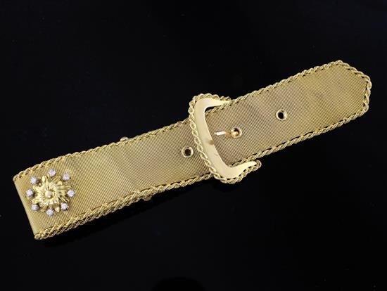 An Italian Brevettato 18ct gold and diamond set bracelet, modelled as a belt and buckle, overall length 26.5cm.
